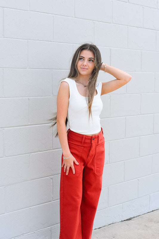 Josiah Cranberry High Rise Utility Wide Leg Jeans