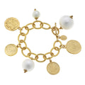 Susan Shaw Gold Coin and Cotton Pearl Charm Bracelet