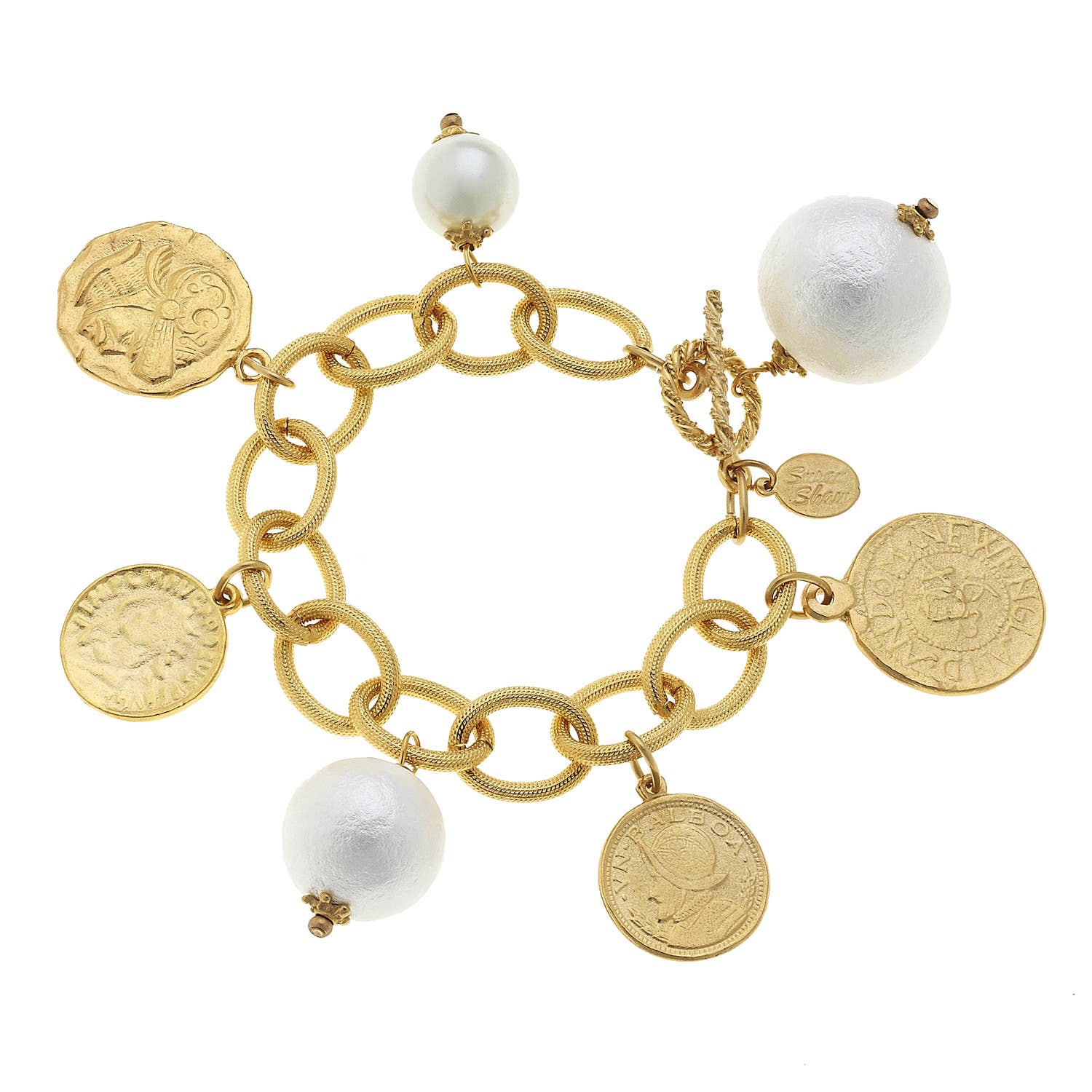 Susan Shaw Gold Coin and Cotton Pearl Charm Bracelet