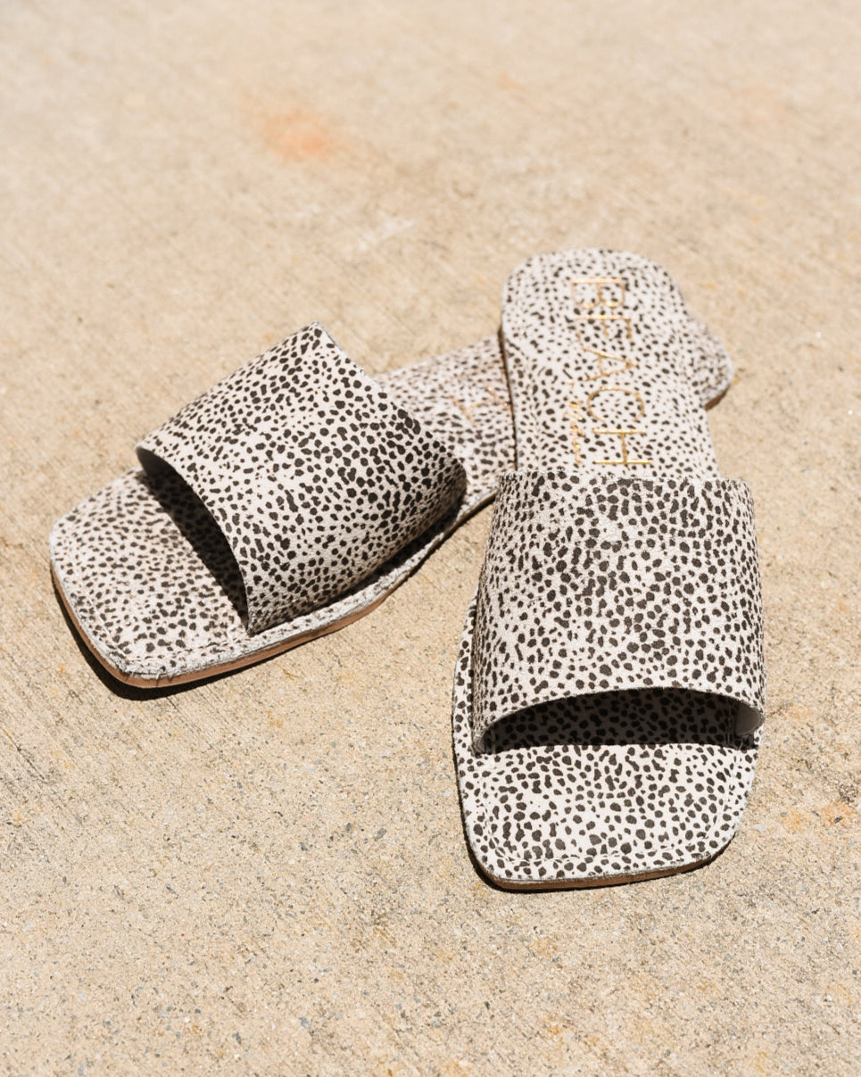 Pair of leopard print sandals on a concrete surface