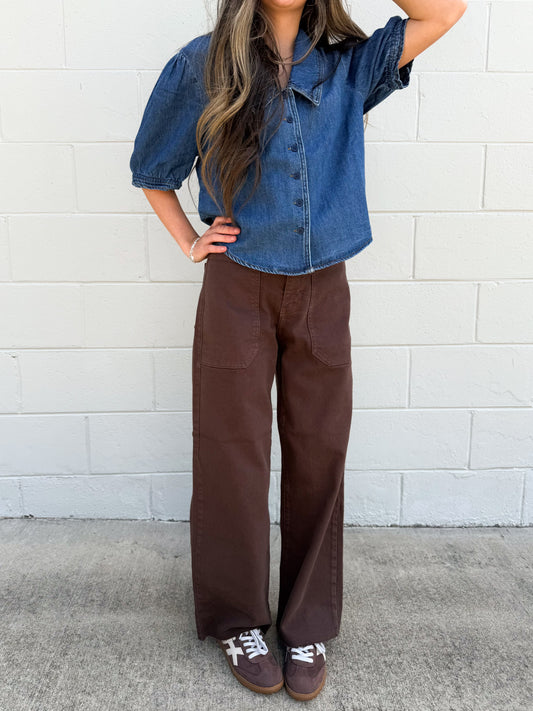 Josiah Espresso High Rise Utility Wide Leg Jeans