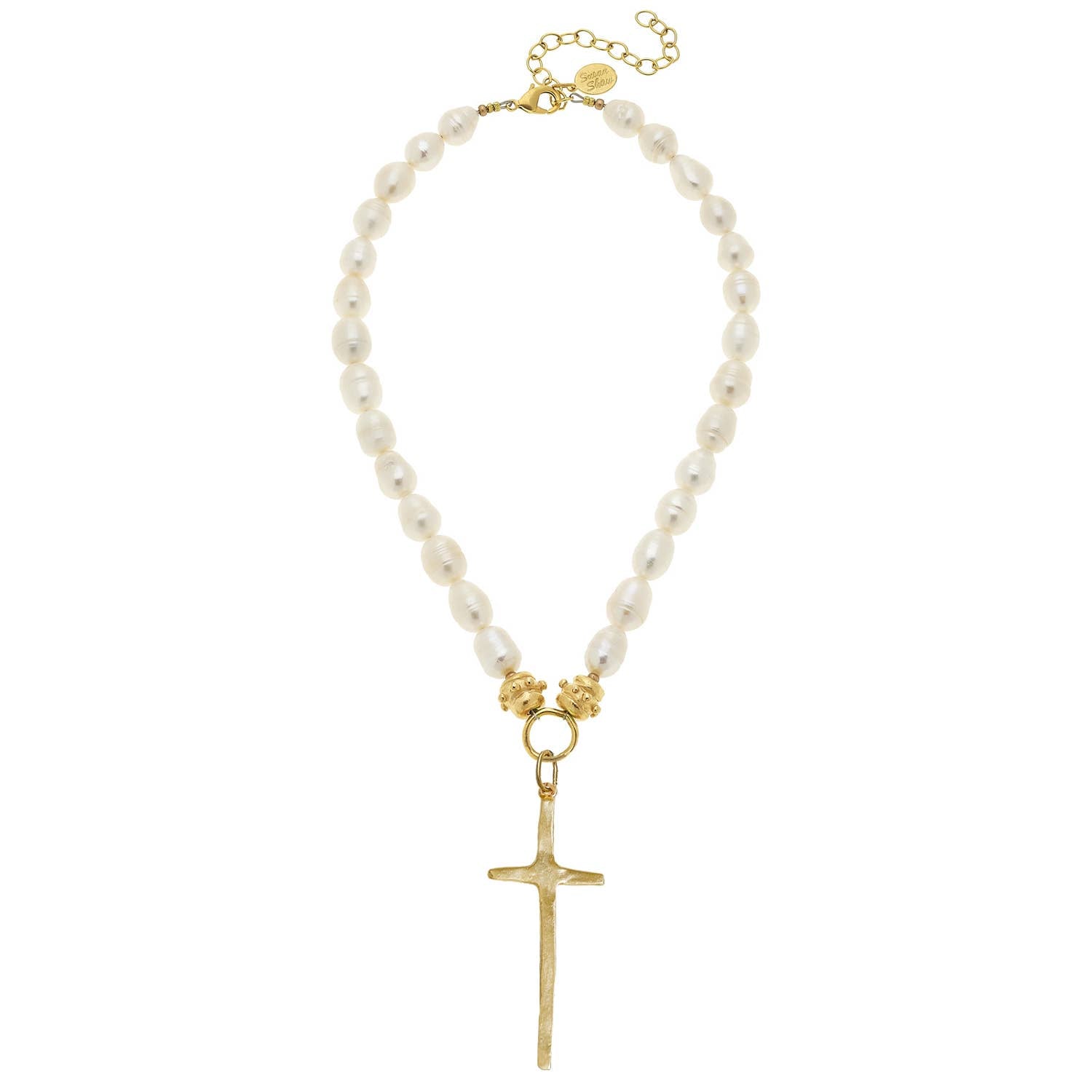 Susan Shaw Elongated Cross Pearl Necklace