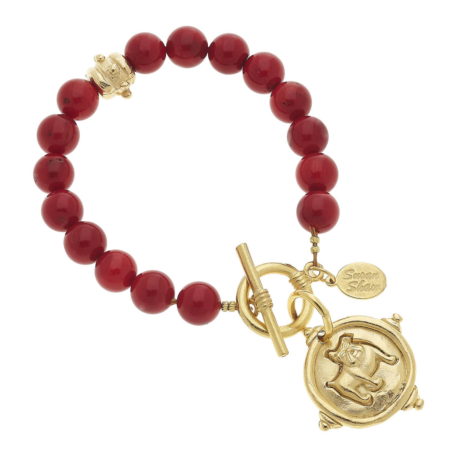 Susan Shaw Gold Bulldog on Genuine Red Coral Bracelet