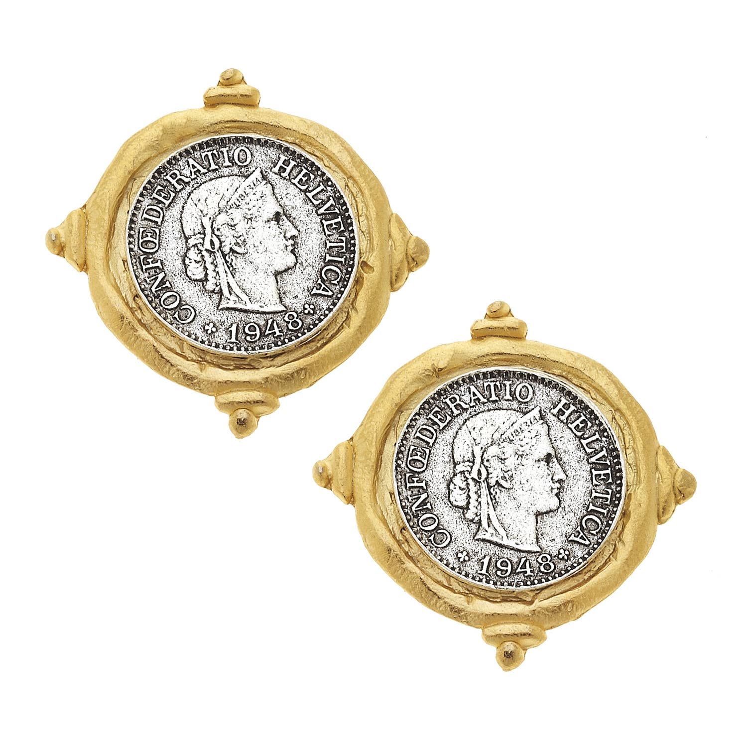 Gold and Silver Italian Intaglio Coin Pierced Earrings